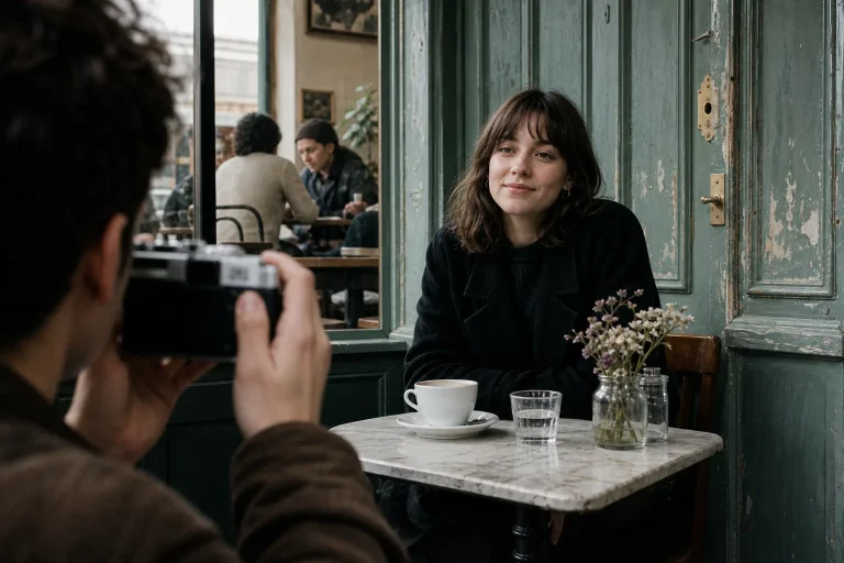 Man holding a camera taking a photo of a woman sitting at a cafe table with coffee and flowers