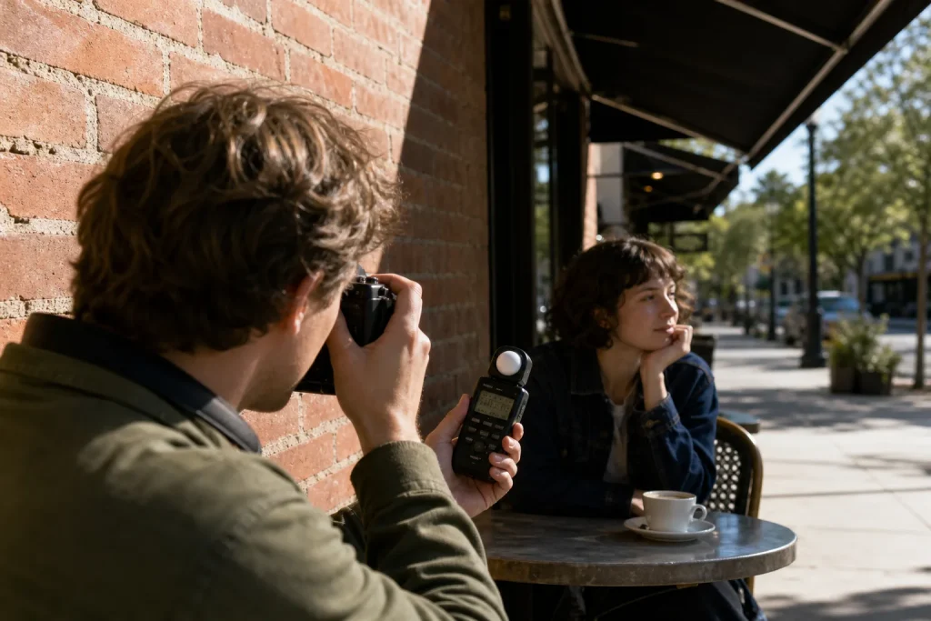 Man holding a light meter and camera pointing toward a woman sitting at an outdoor café table