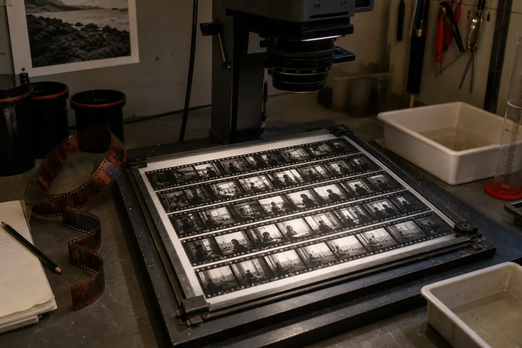 Black and white contact sheet under an enlarger in a darkroom with film strip, notepad, and trays on the table