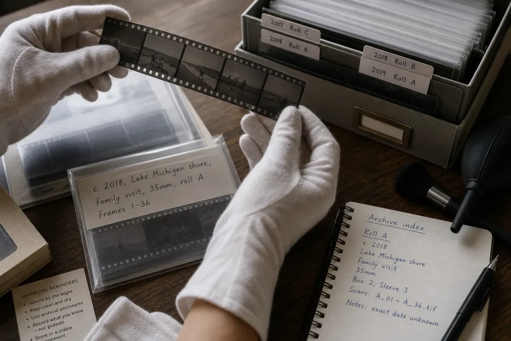 Gloved hands holding a photographic film negative strip over a wooden table with archival boxes and a handwritten notebook