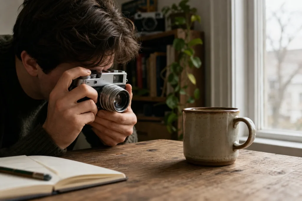 Person holding vintage camera aiming at ceramic mug on wooden table near window with natural light